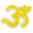 The image shows a striking yet serene floral arrangement depicting the sacred Om symbol, its entire form built from clusters of yellow and white blooms and set against a pure white background. The inner body of the Om is filled with tightly packed yellow flowers, likely small chrysanthemums or marigolds, creating a thick, velvety texture that feels both soft and substantial. Every part of the symbol-from the generous lower curve to the more delicate inner loop and the elegant crescent-flows smoothly in petals, giving the impression of a mantra drawn in flowers. Around this golden centre runs a fine, continuous border of white blossoms that neatly traces the edges and also shapes the small, separate dot above, ensuring the Om is clear and easily recognisable. The lighting is bright and even, intensifying the contrast between the cheerful yellow and the calm white, while still keeping the overall mood gentle and contemplative. No extra elements distract from the design; the floral tribute appears to float in a quiet, meditative space. One can picture this being carefully assembled by Grove Park Florist for a funeral or memorial service in the local community, where families wish to honour a loved one within the framework of Hindu or spiritual tradition. The soft fragrance of the fresh blooms would offer subtle comfort as prayers, chants, or shared memories fill the room. This floral Om symbol feels like a visual blessing, a respectful farewell that combines artistry, cultural reverence, and a deep hope for peace and unity beyond this life.