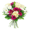 Captured against a seamless white background, this bouquet appears as a full, rounded constellation of flowers and foliage, carefully composed to highlight the contrast between tranquil whites and vibrant magentas. Dominating the centre are creamy white roses, their petals unfurling in soft spirals that suggest tenderness and understated luxury, much like a cherished arrangement waiting on a hallway table in a Grove Park townhouse. Around them cluster white spray chrysanthemums, each petite bloom with numerous narrow petals circling a light green to yellow-green centre, lending brightness and a sense of purity that keeps the bouquet feeling fresh and airy. Threaded between these lighter tones, deep magenta and fuchsia spray chrysanthemums offer a striking, jewel-like intensity, their compact, rounded heads and layered petals creating pockets of rich colour that draw the eye and bring a joyful, almost celebratory rhythm to the design. A generous border of glossy dark green leaves-likely Ruscus or Salal-encases the blooms, the foliage smooth and slightly curved, forming a supportive, verdant base that emphasises both the white and magenta shades. The stems are visible at the bottom, neatly gathered and tied, revealing the professional hand-tied craftsmanship that makes the bouquet ready to drop straight into a vase on a Grove Park dining table or windowsill. Bright, even lighting reveals every texture, from velvety rose petals to the slightly ruffled chrysanthemum heads, giving the bouquet an impression of just-cut freshness. The overall mood is one of gentle joy and heartfelt sentiment, ideal for sending love, gratitude, or congratulations to friends and family across Grove Park and the nearby riverside streets.