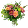 Against a clean white background, this abundant bouquet appears almost to glow, showcasing an artful mix of warm peaches, rich berry tones and vivid greens that would look just as striking in a Grove Park townhouse as in a cosy flat near the Thames path. At its heart, several large roses open in velvety spirals, their petals moving from soft, creamy peach at the edges to deeper apricot and salmon shades towards the centre, creating a sense of depth and gentle warmth. Interlaced among them are Gerbera daisies in intense magenta, deep fuchsia and burgundy, each bloom composed of many fine, elongated petals radiating from a textured central disk, which introduces a slightly playful, sunburst feel. Standing out as an unmistakable focal point, a King Protea rises above the mix, its distinctive, artichoke-like structure built from pointed bracts in maroon and dusky rose, tinged with soft blush at the tips, lending the arrangement a bold, sculptural presence. Throughout the bouquet, clusters of bright lime-green Santini chrysanthemums nestle between the larger flowers, forming neat little spheres that add a crisp, refreshing contrast and a tactile, cushion-like texture. The design is wrapped in a generous collar of greenery: broad, glossy leaves frame the base, long, sword-shaped foliage adds upward energy, and sprays of eucalyptus, with their rounded, silvery-green leaves, soften the edges and suggest a cool, aromatic freshness. Neatly trimmed stems gather in a tight, hand-tied bundle, indicating skilled craftsmanship and readiness for a favourite vase. This bouquet radiates cheerful sophistication, ideal for same-day delivery for birthdays, promotions or simple just because moments across Grove Park and surrounding streets towards Kew and Chiswick High Road.