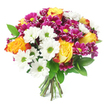 Set against a bright, uncluttered white background, this hand-tied bouquet appears almost three-dimensional, its colours rich and saturated. Several fully opened roses take pride of place, each petal softly shifting from a luminous golden yellow at the centre to warm orange and a hint of reddish-orange at the curled edges, giving an impression of warmth and gentle energy. Around these, an abundance of white daisy-style chrysanthemums with striking lime-green centres brings a crisp, lively contrast, the delicate, evenly spaced petals creating a feeling of airy lightness. Nestled between them, clusters of compact magenta and fuchsia chrysanthemums provide a more intense burst of colour, their multi-layered petals and yellow-green centres adding both depth and a subtle, playful texture to the scene. Dark green foliage peeks out among the blooms, framing the arrangement and reinforcing its soft, rounded shape. The stems at the base are neatly gathered and freshly cut, clearly visible where they rest against the white background, suggesting the bouquet has just been finished and is ready for a vase on a kitchen table or windowsill overlooking Grove Park's tree-lined streets. The overall mood is cheerful and celebratory without being overpowering, like a thoughtful surprise arriving at a home near Chiswick or by the river. This combination of golden yellow, vivid orange, bright white, and deep magenta feels ideal for marking milestones, saying thank you, sending get-well wishes, or simply lifting someone's spirits with the easy brightness of fresh, professionally arranged flowers.
