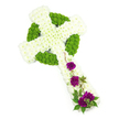 A beautifully detailed Celtic cross funeral arrangement is the focus of this image, photographed against a completely white background that lets the floral work speak for itself. The cross is constructed from fresh chrysanthemums and carnations, with the main body formed by a thick covering of white chrysanthemums. These small, rounded blooms are packed closely together so that the surface appears smooth yet gently domed, creating a soft, comforting texture across the vertical and horizontal arms. Outlining and weaving through these white sections are bands of lime-green button chrysanthemums, their compact, spherical heads arranged in precise lines that shape the classic Celtic ring and intertwined patterns. The green adds freshness and clear definition, symbolising new life and hope in a way that feels in tune with the peaceful character of Grove Park and its tree-lined avenues. At the lower part of the cross, three carefully placed clusters of deep magenta-purple carnations bring a more emotional, heartfelt note. Each carnation is lush and ruffled, with velvety petals that stand out vividly against the white background. These clusters are accented by fine trails of greenery and slender, curling stems that meander over the cross, introducing a natural softness and sense of movement. Gentle, even lighting highlights every petal and the subtle shadows that give the tribute its three-dimensional feel. The overall impression is of a dignified, spiritual floral cross-ideal for a funeral or memorial service in the Grove Park area, offering a respectful way to honour a loved one's faith, Celtic heritage, or quiet love of nature with a design that is both symbolic and deeply comforting.