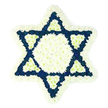 In this image, a beautifully balanced Star of David floral tribute is displayed against a clean white backdrop, allowing its intricate design and symbolic colours to come forward with quiet strength. The six-pointed star is outlined by a lush fringe of white chrysanthemums, each bloom pressed close to the next to create a soft, snowy border that still holds a precise, geometric line around the Magen David. Within that outline, the centre of the star is filled with a broad hexagon of white flowers, their brightness giving the middle of the arrangement a sense of openness and gentle light. Radiating from this core, the six points are made from compact clusters of dark blue or indigo blossoms, likely carnations or dyed chrysanthemums, whose deep tones bring gravity and contrast to the piece, much like the peaceful twilight skies often seen over Grove Park and the River Thames. At the inner base of each blue point, a small, sharp white triangle is set into the design, so white seems to fold back into the blue and create a delicate, repeating motif. The closely packed petals give the entire tribute a velvety, almost quilted texture, with no visible stems or greenery interrupting the pattern. This Star of David is clearly intended as a respectful Jewish funeral or memorial arrangement, the sort of meaningful tribute Grove Park Florist might prepare for families in the area who wish to send a message of remembrance, cultural identity, and quiet comfort during shiva or a service at a local chapel.