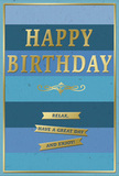 This refined birthday card presents a serene blend of blue and gold, conjuring the same relaxed, welcoming feeling as a quiet morning in Grove Park. The design begins with wide horizontal bands of blue, layered from bottom to top: a strong navy foundation, rising into denim and teal, and finally lightening into a soft, open sky blue at the top. These stripes flow into one another like calm river currents along Strand-on-the-Green, creating a restful, contemplative background. Holding the centre of the card is the message HAPPY BIRTHDAY, embossed in large, capital letters of shimmering gold. Each letter is slightly raised and smoothly finished, catching and reflecting light so that the phrase stands out clearly and confidently against the cool blues. Just under this text, an elegant golden flourish stretches horizontally across the card, looping in decorative curves that hint at traditional calligraphy and a personal, handcrafted touch. Beneath the flourish, three slender gold banners are precisely aligned in a vertical stack, each banner reflective and clean-edged. Together, they offer a simple, heartfelt sentiment: Relax, have a great day and enjoy! A delicate gold line traces the outer edge of the card, framing the composition and giving it a polished, gallery-style presentation. Visually, the blue areas look soft and matte, suggesting a velvety card stock, while the gold lettering, flourish, and banners appear glossy and tactile, as if they would feel slightly cool and smooth beneath the fingertips. Imagined beside a hand-tied birthday bouquet delivered locally, this card seems to invite the recipient to pause amid the bustle of everyday life, soak up kind wishes, and enjoy a moment of genuine, unhurried celebration in Grove Park.