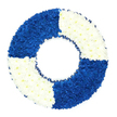 A carefully arranged circular funeral wreath is shown here, its design unmistakably inspired by a maritime lifebuoy and photographed on a clean white background for maximum clarity. The wreath forms a complete ring of densely packed small flowers, likely chrysanthemums, whose tightly clustered petals create a velvety, tactile surface that feels both soft and substantial. The circle is visually divided into four identical quarters, alternating between lush royal blue and immaculate white, reminiscent of the nautical colours often glimpsed on boats and moorings along the Thames near Grove Park. In the top left and bottom right portions, dark blue blossoms dominate, layered to create a deep, textured field that conveys strength, loyalty, and an unshakeable sense of support. The top right and bottom left sections are crafted from equally dense clusters of white blooms, which bring brightness and purity to the composition, echoing themes of peace, farewell, and remembered kindness. Tracing the inner rim of the ring is a fine dark blue ribbon, gently gathered into tiny, regular pleats that lend a delicate, ruffled border and highlight the open centre. Both the interior and exterior edges of the wreath are perfectly rounded, showing meticulous trimming and placement of each flower to maintain a graceful, symmetrical outline. This floral lifebuoy would feel at home at a funeral or memorial service in Grove Park, particularly for someone with a love of the river, sailing, or maritime service, or as a symbolic tribute to a person who offered guidance and rescue in difficult times. Its combination of bold colour blocks and quiet symbolism offers a comforting visual focus for reflection and remembrance.