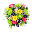 This photograph shows a vibrant mixed bouquet bursting with colour and life, positioned against a pure white background so that every bloom seems to glow, as if just arranged for delivery from Grove Park Florist to a nearby home. At the heart, open hot pink roses with pale, softly white-edged petals form rounded, romantic centres, their layered spirals of velvety texture adding luxury and warmth. Around them, bright yellow gerbera daisies with rich brown centres create bold, circular focal points, their slender petals radiating outward in tidy rings that resemble little suns scattered through the design. Between these, clusters of lime green button chrysanthemums form compact, rounded mounds, their tightly packed petals giving a plush, cushion-like effect that contrasts pleasingly with the smooth, flat gerbera petals. Throughout the bouquet, fine sprigs of lavender-blue aster-style flowers and deeper purple lisianthus bells introduce cooler tones, threading gentle shadows of colour between the brighter notes, much like the calm of the nearby river offsetting the busier streets of Grove Park and Chiswick. The arrangement is cradled in abundant greenery: broad glossy leaves, delicate fern-like fronds, and a few variegated leaves with pale edges all work together to frame and soften the vivid blooms. Slender green stems tipped with buds stretch slightly outward, giving the whole bouquet a dynamic, living feel. Soft, even lighting highlights the freshness of each petal and the thoughtful balance of colour and texture. The bouquet conveys a feeling of joyful celebration and heartfelt care, perfect for birthdays, thank-you gifts, or simply brightening a quiet corner of a Grove Park home with a burst of garden-inspired colour.