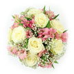 From above, this bouquet appears as a tight, rounded cluster of petals and foliage, carefully styled so that it forms an almost perfect circle on a spotless white background. At the core of the design sit around eight large roses in tones of ivory and creamy white, each fully open and showcasing a beautiful spiral of velvety petals. Their centres are full and deep, with the inner petals overlapping like folds of fine fabric, gradually unfurling towards broader outer petals that give the bouquet its luxurious volume. Threading between these roses are stems of pink alstroemeria, adding a light, playful movement. The alstroemeria petals are softly flared, coloured in gradients of pink that move from a pale, almost translucent blush at the edges to richer rose and peach at the base. Fine stripes and freckles of deeper pink and soft red add interest and a slightly exotic touch. Lacing through every gap, baby's breath forms a delicate cloud of tiny white flowers, lending an airy, ethereal feel, as though the bouquet is wrapped in soft mist. Slivers of deep green leaves punctuate the design, providing a refreshing contrast that keeps the arrangement grounded and natural, reminiscent of the leafy gardens and quiet streets around Grove Park. The overall effect is gentle and romantic, suited to a bridal bouquet, a birthday surprise, or a simple expression of affection delivered to a doorstep near Chiswick or along the Thames path. Crafted with care by a local Grove Park florist, this arrangement speaks softly of love, gratitude, and new beginnings.