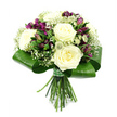 Against a bright white background, this hand-tied bouquet is shown in crisp detail, its gentle palette and careful design recalling the calm of a shaded garden in Grove Park. At the centre, several large roses in soft creamy white are fully open, their petals densely layered into rounded blooms that look pillowy and indulgent. Woven between these central roses are deep purple alstroemeria flowers, their narrow petals curving outward; some blossoms are spread wide, showcasing intricate inner markings, while others remain as elegantly tapered buds, providing visual rhythm and a sense of continuity. Light sprays of white gypsophila, or baby's breath, drift throughout the arrangement, forming tiny, star-like blossoms on fine stems that add an ethereal, cloud-like texture, gently blurring the boundaries between each flower. Tucked among these softer elements are distinctive, slightly spiky filler blooms in pale greenish white, suggestive of Astrantia or petite thistles, which bring a subtle hint of rustic charm while keeping the overall mood refined. All the blooms sit above a structured collar of broad, glossy green leaves, meticulously folded and wrapped so that they curve around the base of the flower heads like a smooth, modern frame. Beneath this elegant band of foliage, the stems are cut to an even length and bound tightly with a green ribbon featuring a fine white check pattern, adding a quiet, homely detail. The bouquet feels composed, tranquil, and carefully considered-well suited for thoughtful anniversary gifts, graceful sympathy bouquets, or simple gestures of appreciation delivered by a local Grove Park florist to homes and workplaces nearby.