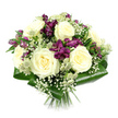 A refined bouquet is captured in crisp detail against a spotless white background, the even lighting highlighting its rounded, compact profile and the harmony of its colours. At the heart of the arrangement, multiple creamy white roses bloom fully, their velvety petals spiralling outward in layers that suggest both tenderness and quiet strength. Around these central roses, deep purple and vivid magenta alstroemeria unfold in trumpet-shaped blooms, their slender petals and subtle speckling bringing a dash of drama and modern flair, like an evening stroll along the Thames at Grove Park. Some alstroemeria stems carry open flowers, while others hold tight buds, giving the piece a sense of ongoing life and freshness, ideal for same-day delivery to homes in Grove Park, Gunnersbury, or Strand on the Green. Fine, floating sprays of white gypsophila lace through the bouquet, their tiny blossoms adding an airy, cloud-like softness that balances the bolder shapes. Interspersed throughout, pale green-white astrantia blooms with star-shaped bracts and textured centres create moments of intricate detail, reminiscent of carefully tended gardens. At the base, wide, glossy aspidistra leaves are folded and wrapped to form a sleek, dark green collar, framing the flowers above and grounding the composition with a sculptural quality. The stems below are cut cleanly and gathered neatly, visible just where they emerge before fading into the background. The overall feeling is one of serene sophistication and thoughtful design, well suited to expressing love, gratitude, or condolences in a quietly elegant way for recipients across the Grove Park community.