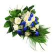 The photograph presents a serene blue and white floral spray against a pure white background, its elongated form reminiscent of a gentle sigh or the quiet bend of trees along the river near Grove Park. Designed as a cascading teardrop or sheaf, the spray is fuller at the upper left and gradually narrows as it extends to the lower right, creating a dignified, flowing line. At its heart, a generous collection of fully opened roses dominates the design. Deep sapphire blue roses, rich and velvety, are intermingled with equally abundant creamy white and ivory roses. The florist has alternated the blooms so that blue and white sit side by side, forming a harmonious balance of depth and light. Between these larger flowers, fine sprays of white baby's breath are interwoven, their tiny blossoms forming delicate, cloud-like clusters that soften the transitions and introduce a sense of airiness. A lush base of greenery surrounds and supports the flowers: broad, dark green leaves offer structure and depth; bright green, feathery fern fronds rise from the upper left, lending a soft, natural texture; and long, slender palm fronds trail from the lower right, emphasizing the elegant cascade. Nestled within the composition, bluish-green, eucalyptus-style foliage adds a subtle hint of silvery tone and extra dimension. Wide green and cream-striped leaves or ribbons are folded into smooth, decorative bands and gently wrapped through parts of the arrangement, providing a contemporary, tailored finish. The overall mood of the piece is respectful, calm, and comforting, making it an ideal choice for a funeral service, memorial gathering, or final farewell in and around Grove Park, where families seek a floral expression of love, sympathy, and lasting remembrance.