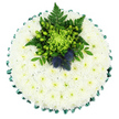 A round floral tribute, often chosen as a funeral cushion, is shown here from a top-down angle on a simple white background, allowing the eye to rest entirely on the flowers themselves. The circular base is completely blanketed in white spray chrysanthemums, each tiny bloom snugly fitted beside its neighbour so that the petals overlap and form a soft, continuous layer. Their delicate, evenly spaced petals and subtle greenish centres give the arrangement a calm, almost luminous quality, evoking purity and quiet reflection. Around the edge, a rich emerald green satin ribbon is tightly pleated, creating a scalloped trim that both frames the cushion and introduces a touch of gentle sheen. This ribbon border gives the tribute a neatly finished, traditional appearance, like careful tailoring on a cherished garment. Just above the centre of the cushion, a cluster of contrasting flowers and foliage breaks the white expanse and becomes the focal point. A bright lime-green spider chrysanthemum extends long, fine petals in all directions, surrounded by clusters of smooth, apple-green Hypericum berries that resemble tiny polished beads. Fern fronds arc through the centre, layered with darker, glossy leaves, providing depth, movement, and a slightly wild, garden-like feel. Tucked securely within this verdant cluster are two compact Scottish thistles, their spiky, rounded heads shaded in dusty blue-violet, adding texture, colour contrast, and quiet cultural symbolism. The overall design feels serene and thoughtfully composed, well suited to honour a loved one at a funeral or memorial service in Grove Park, whether in a local church near the river or at a nearby crematorium, and reflects the careful, compassionate work of Grove Park Florist creating personal tributes for the community.