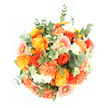Captured from overhead, this bouquet appears as a generous, rounded cluster of warm-toned flowers set against a spotless white background, giving it the look of a sunlit island of colour. Roses in golden yellow, deep apricot, and saturated orange form the core of the design, their tightly curled petals creating a sense of richness and depth, like little flames gathered together. Clustered around them, carnations in peach, soft coral, and vibrant mandarin introduce layers of ruffled texture, the frills overlapping to create a plush, almost cushion-like surface. Gerbera daisies are dotted through the bouquet, instantly recognisable by their flat, daisy-shaped blooms; they come in peach and light orange tones with softly blushed centres, offering a playful, structured counterpoint to the more intricate roses and carnations. Between these bold blooms, tiny white and pale green filler flowers weave a delicate lattice, adding moments of calm and airiness that keep the design light despite its fullness. Eucalyptus leaves curve gently around and through the arrangement, their silvery-green discs mingling with fresh, deeper green foliage, adding dimension, cool contrast, and the suggestion of a subtle, refreshing fragrance. The light is bright and even, with minimal shadow, so every petal and leaf stands out crisply against the white ground. The ensemble radiates a sense of joy, warmth, and informal elegance, perfectly suited to brighten a living room near Grove Park station, celebrate a promotion, or send an uplifting message to someone special. It feels like the work of a florist who understands how to translate the relaxed, leafy character of Grove Park into flowers.