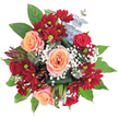 Brimming with classic warmth yet marked by thoughtful contrasts, this Grove Park floral arrangement radiates with a sense of joyful invitation. Three soft peach roses, their velvety petals unfurling in perfectly balanced spirals, stand out among sumptuously deep burgundy chrysanthemums-their bright green centers lending a lively spark. Wispy sprays of baby's breath weave through the darker blooms, casting a soft, cloud-like texture reminiscent of early morning light over Grove Park's green spaces. Broad, glossy leaves wrap the composition in a lush embrace, evoking the sturdy oaks lining Burlington Lane, while subtle threads of silvery eucalyptus lend modernity and fresh aroma, particularly to the bouquet's upper edge. Adding architectural intrigue on the left is a reddish-brown accent, likely a protea bud-a touch of the unexpected, reflecting Grove Park's blend of classic and contemporary. The arrangement's rounded silhouette and interplay of colours make it ideal for birthdays, anniversaries, or vibrant autumn gatherings in local homes, each bloom thoughtfully placed by florists who understand Grove Park's unique charm and traditions.