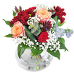 The bouquet pictured is a warm, intimate study in autumnal romance: two full, apricot-peach roses take centre stage, their petals unfolding in creamy spirals with a softly luminous edge, while a smaller, intensely velvety red rose tucks lower into the foliage like a secret. Surrounding these are abundant, multi-petalled chrysanthemums in deep burgundy and dark red, their ruffled faces creating a plush, tactile counterpoint to the smooth rose cups. Fine sprays of white baby's breath (Gypsophila) drift through the composition like soft snowfall, lightening the deeper tones and giving the bouquet an airy halo. Cool, rounded eucalyptus leaves in silvery green punctuate the warmth with a faint herbal scent, and broad glossy greens form a vibrant, supportive base that makes the colours sing. A cluster of nearly plum-coloured succulent foliage adds an unexpected, modern texture - dense and slightly waxy against the more delicate blooms. Everything is gathered in a simple, round clear glass vase; the water and neatly trimmed stems are visible through the bowl, and the vase's gentle sheen reflects a soft studio light that emphasises freshness without glare. The overall impression is celebratory yet tender, a composition that reads as both thoughtful gift and home accent-perfect for birthdays, anniversaries, or an uplifting surprise for someone recovering or in need of comfort. Imagined in the quiet light of a Grove Park morning, the arrangement feels like a small, generous embrace, crafted to be both seen and savoured by anyone who values colour, texture, and the gentle language of flowers.
